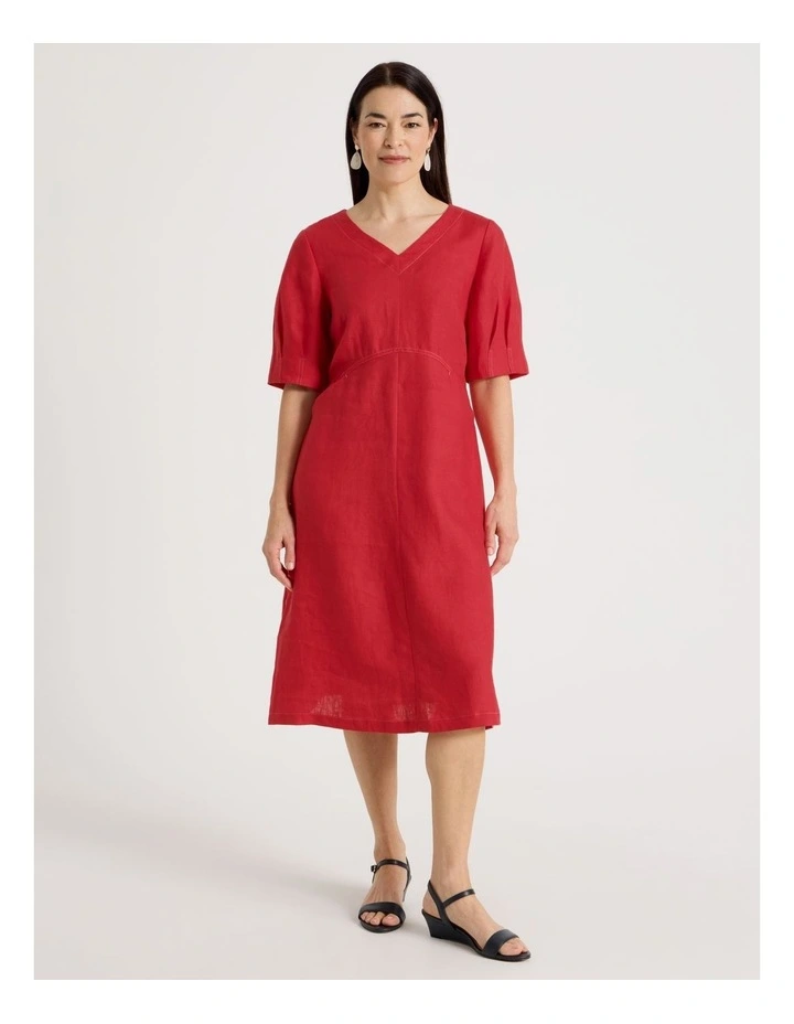 V Neck Pleat Sleeve Dress With Shaped Bodice In Red image 3