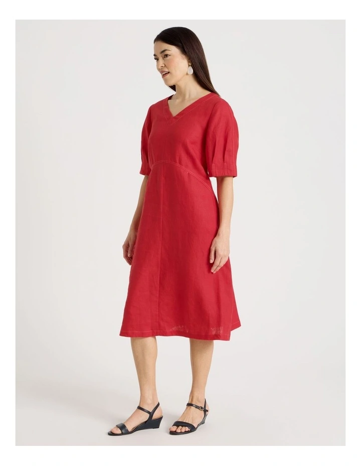 V Neck Pleat Sleeve Dress With Shaped Bodice In Red image 5