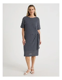 Fancy Knit Short Sleeve Lined Dress in Navy and Ivory Stripe