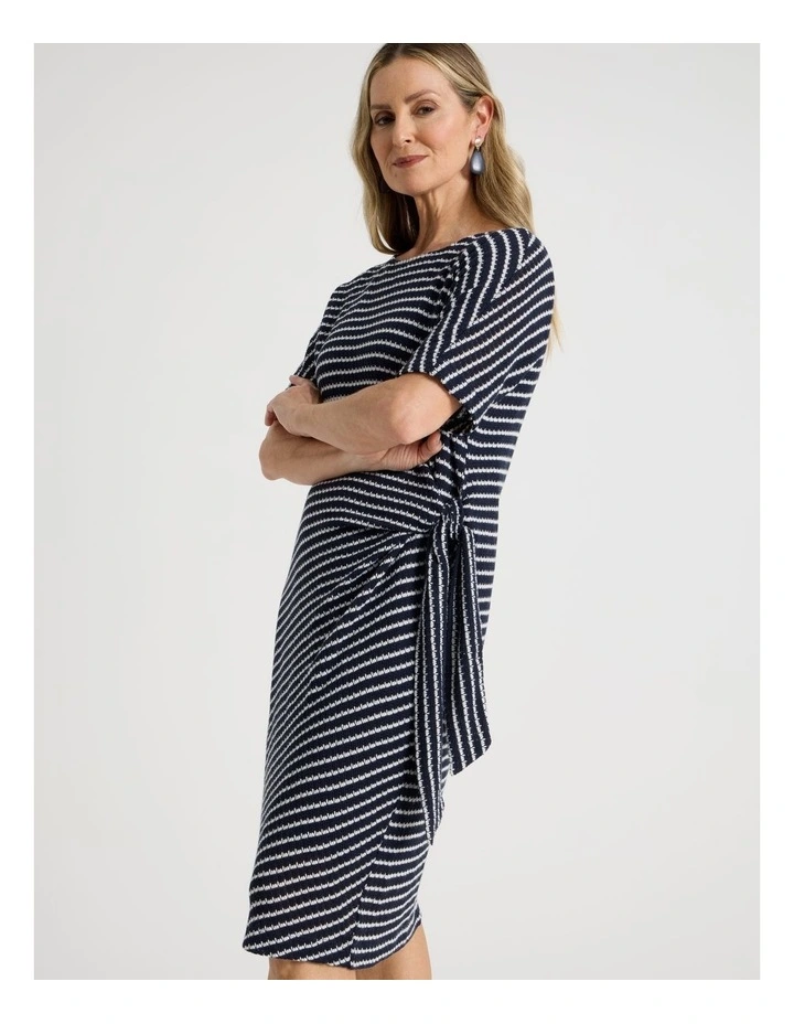 Fancy Knit Short Sleeve Lined Dress in Navy and Ivory Stripe image 2