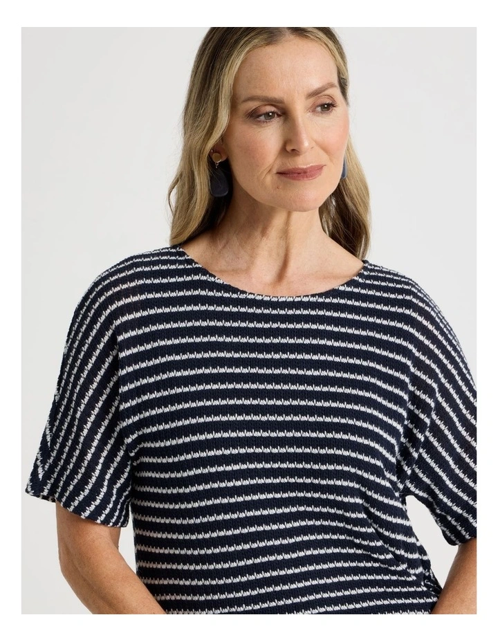 Fancy Knit Short Sleeve Lined Dress in Navy and Ivory Stripe image 3