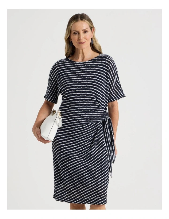 Fancy Knit Short Sleeve Lined Dress in Navy and Ivory Stripe image 4