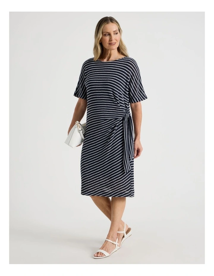 Fancy Knit Short Sleeve Lined Dress in Navy and Ivory Stripe image 5