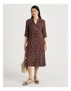 3/4 Sleeve Shirt Dress in Brown/White Spot Print