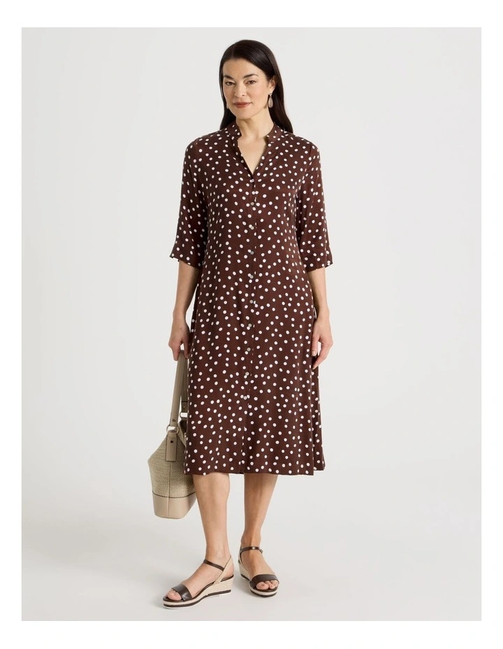 3/4 Sleeve Shirt Dress in Brown/White Spot Print image 1
