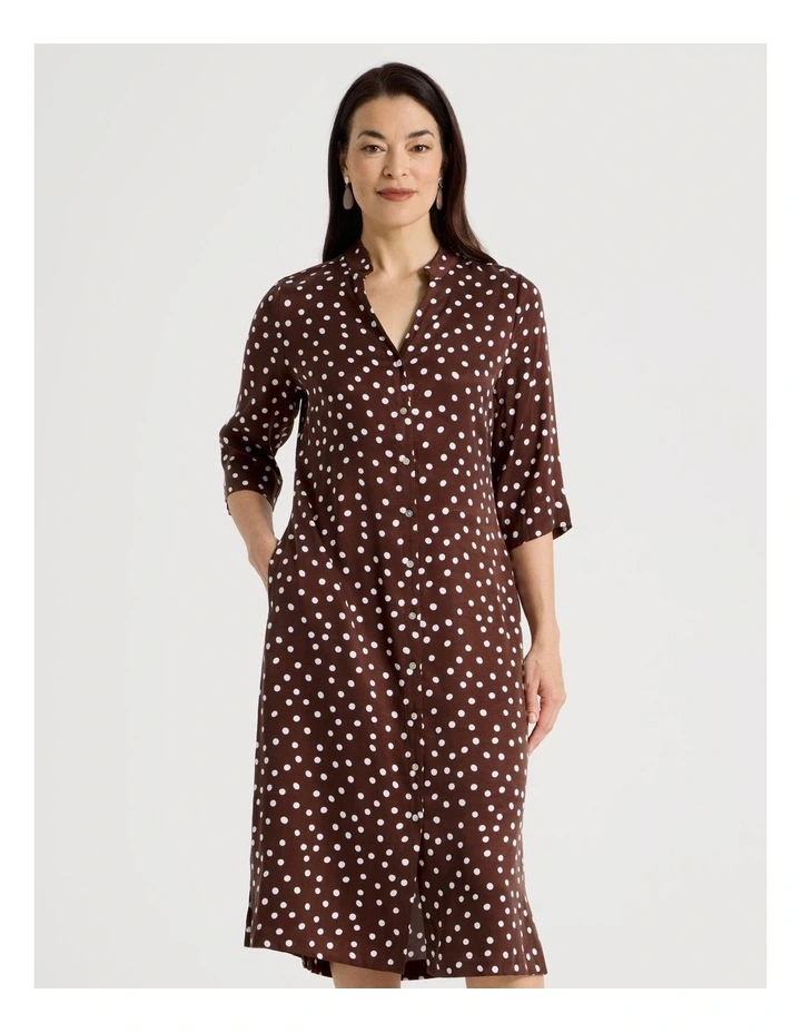 3/4 Sleeve Shirt Dress in Brown/White Spot Print image 2