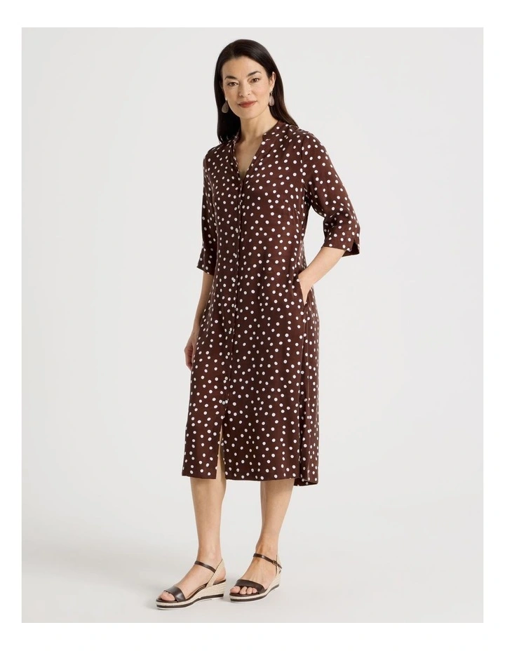 3/4 Sleeve Shirt Dress in Brown/White Spot Print image 3