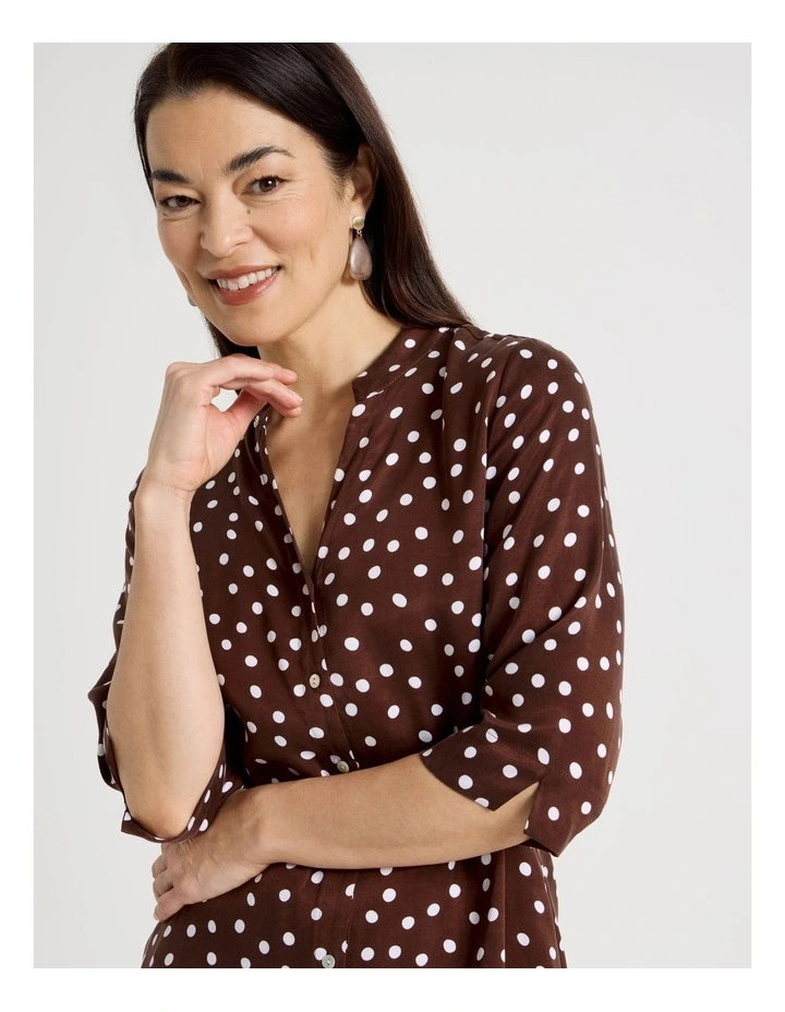 3/4 Sleeve Shirt Dress in Brown/White Spot Print image 4
