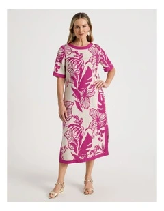Short Sleeve Solid Trim Dress with Side Splits in Neutral and Hot Pink Print