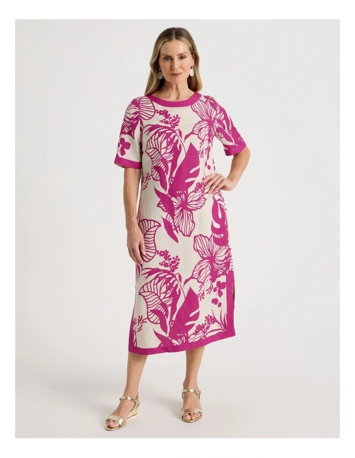 Short Sleeve Solid Trim Dress with Side Splits in Neutral and Hot Pink Print image 1