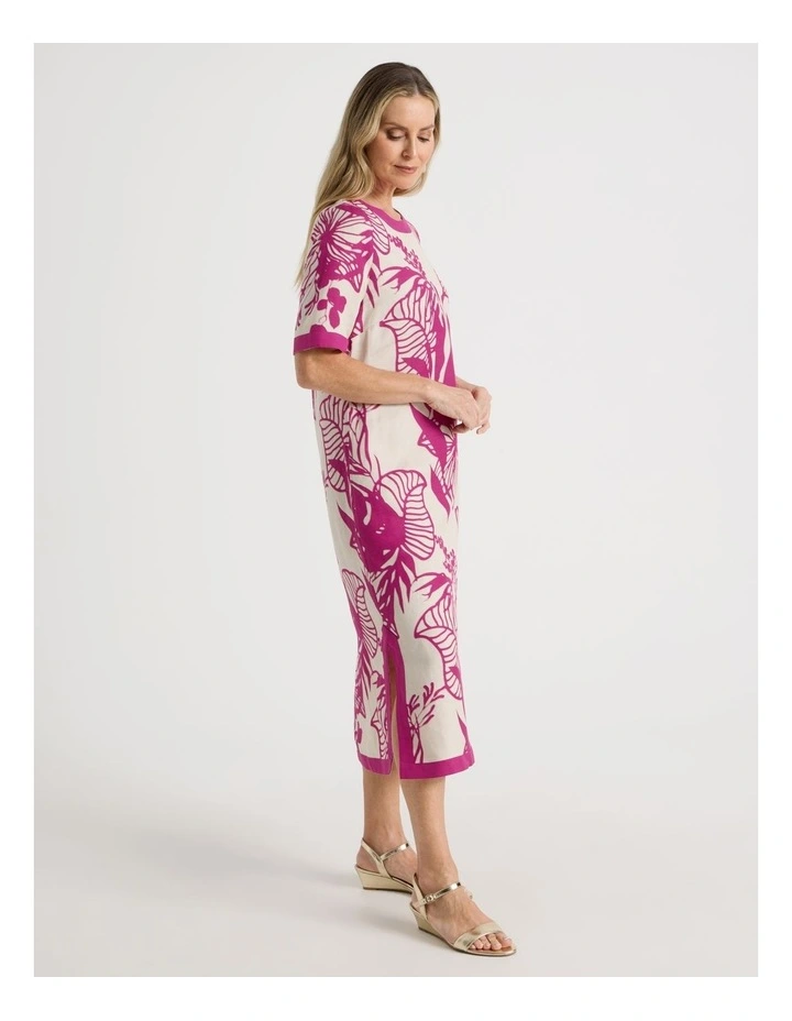 Short Sleeve Solid Trim Dress with Side Splits in Neutral and Hot Pink Print image 2