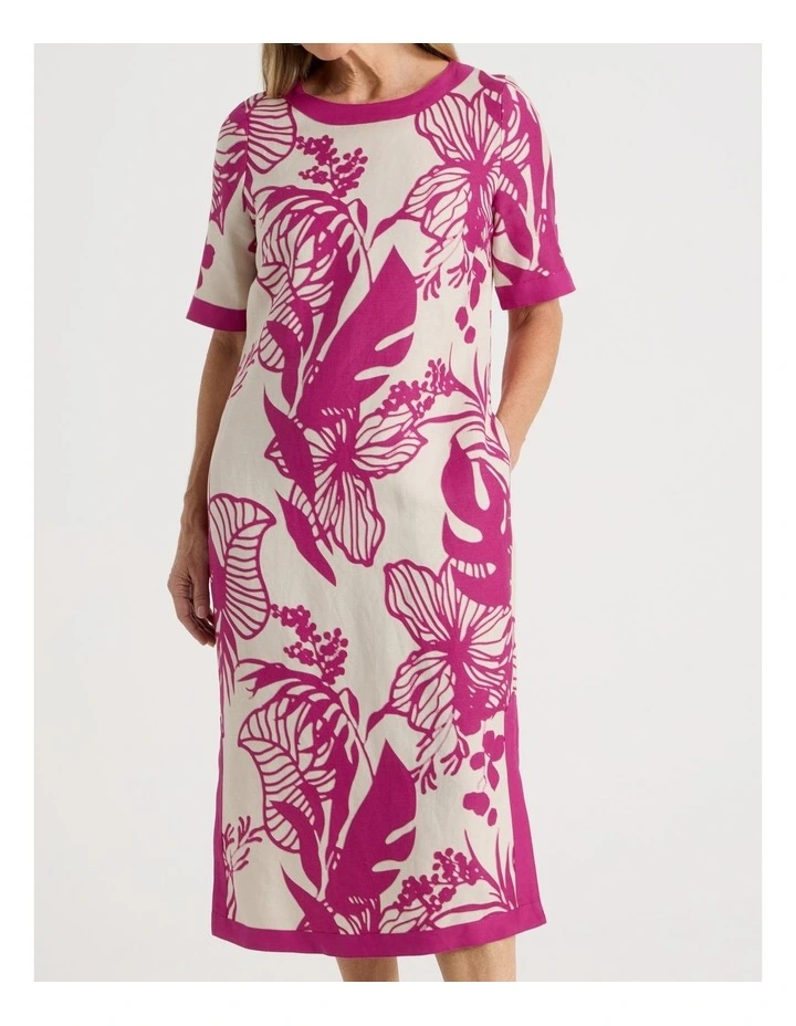 Short Sleeve Solid Trim Dress with Side Splits in Neutral and Hot Pink Print image 3