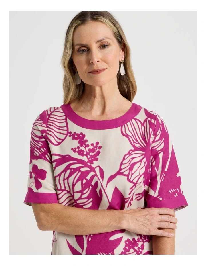 Short Sleeve Solid Trim Dress with Side Splits in Neutral and Hot Pink Print image 4