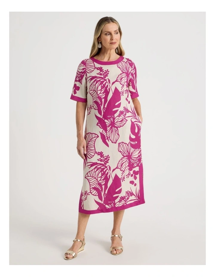 Short Sleeve Solid Trim Dress with Side Splits in Neutral and Hot Pink Print image 5