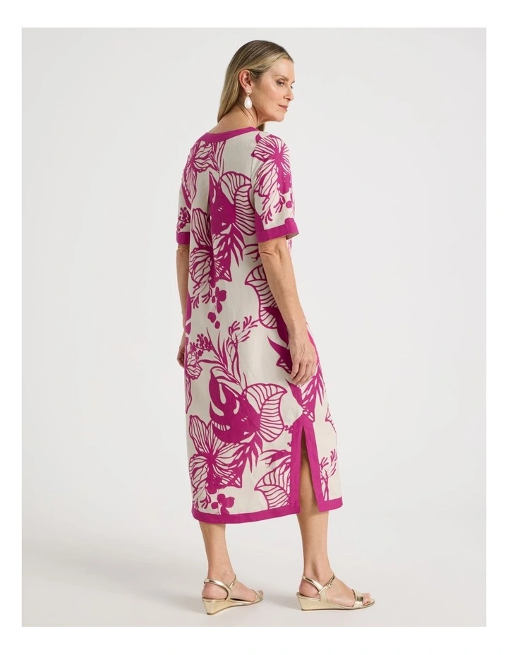 Short Sleeve Solid Trim Dress with Side Splits in Neutral and Hot Pink Print image 6