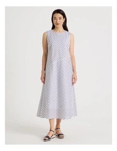 Asymmetric Waist Short Sleeve Dress in Ivory/Navy Embroidered Stripe