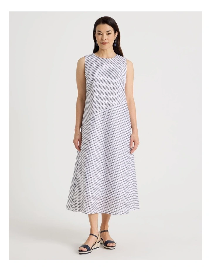 Asymmetric Waist Short Sleeve Dress in Ivory/Navy Embroidered Stripe image 1