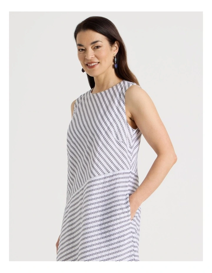 Asymmetric Waist Short Sleeve Dress in Ivory/Navy Embroidered Stripe image 2