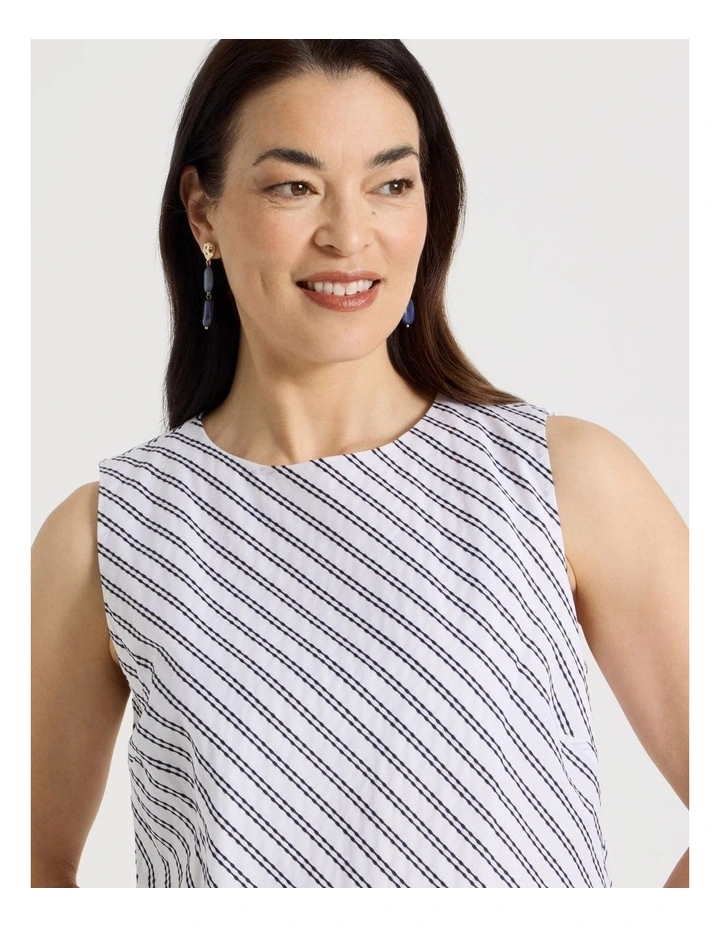 Asymmetric Waist Short Sleeve Dress in Ivory/Navy Embroidered Stripe image 4