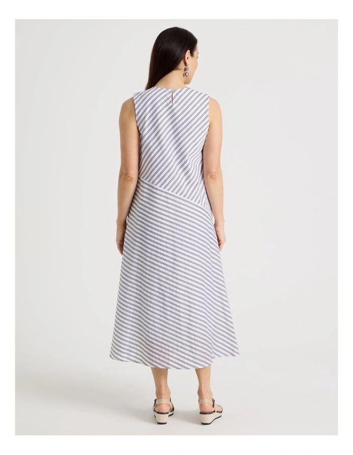 Asymmetric Waist Short Sleeve Dress in Ivory/Navy Embroidered Stripe image 5