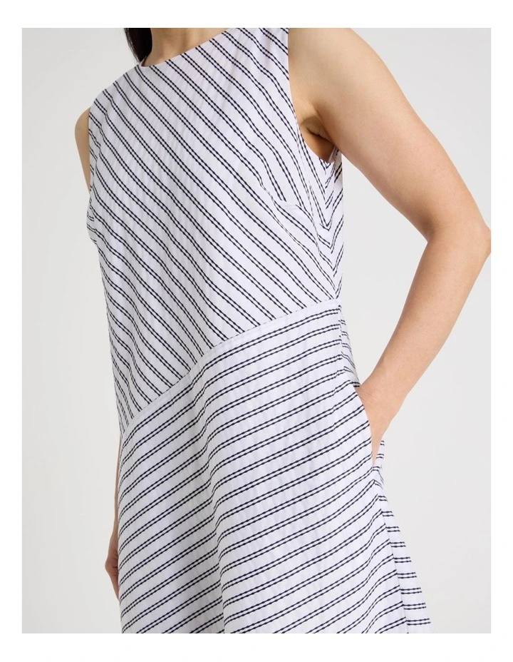 Asymmetric Waist Short Sleeve Dress in Ivory/Navy Embroidered Stripe image 6