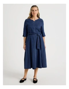 Elbow Length Sleeve Denim Dress With Tie Waist in Dark Wash