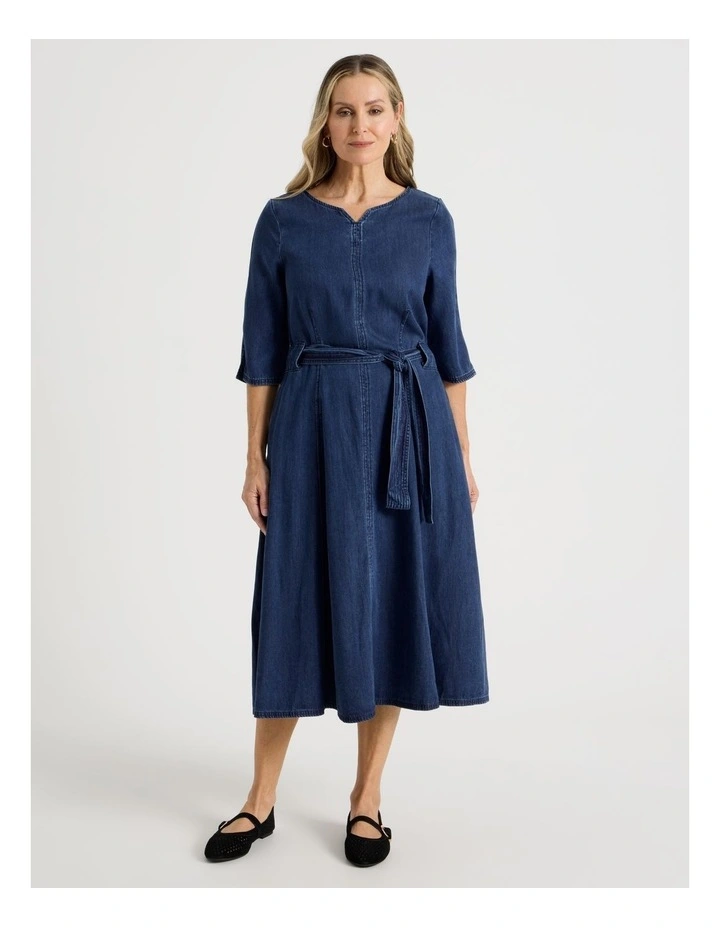 Elbow Length Sleeve Denim Dress With Tie Waist in Dark Wash image 1
