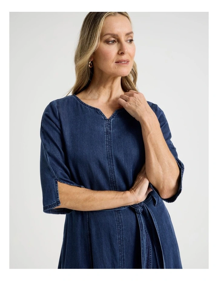 Elbow Length Sleeve Denim Dress With Tie Waist in Dark Wash image 2