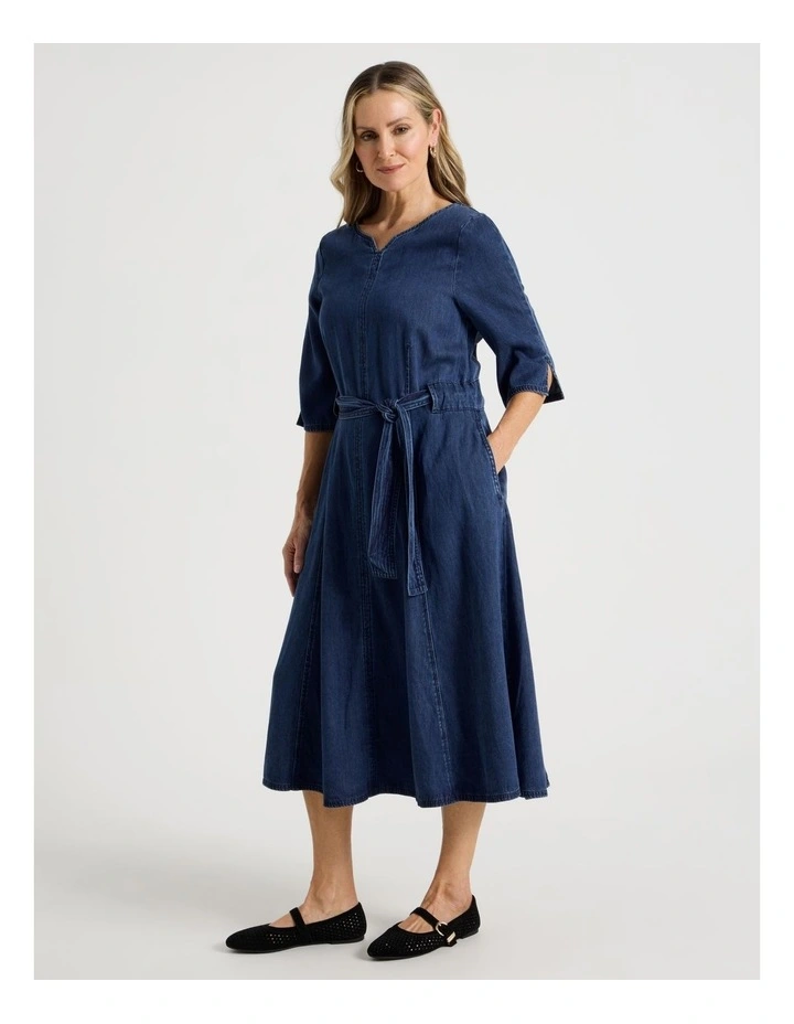 Elbow Length Sleeve Denim Dress With Tie Waist in Dark Wash image 3