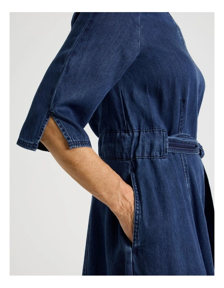 Elbow Length Sleeve Denim Dress With Tie Waist in Dark Wash image 4