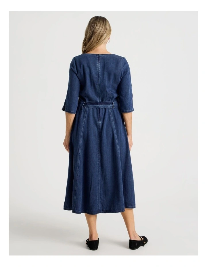 Elbow Length Sleeve Denim Dress With Tie Waist in Dark Wash image 5