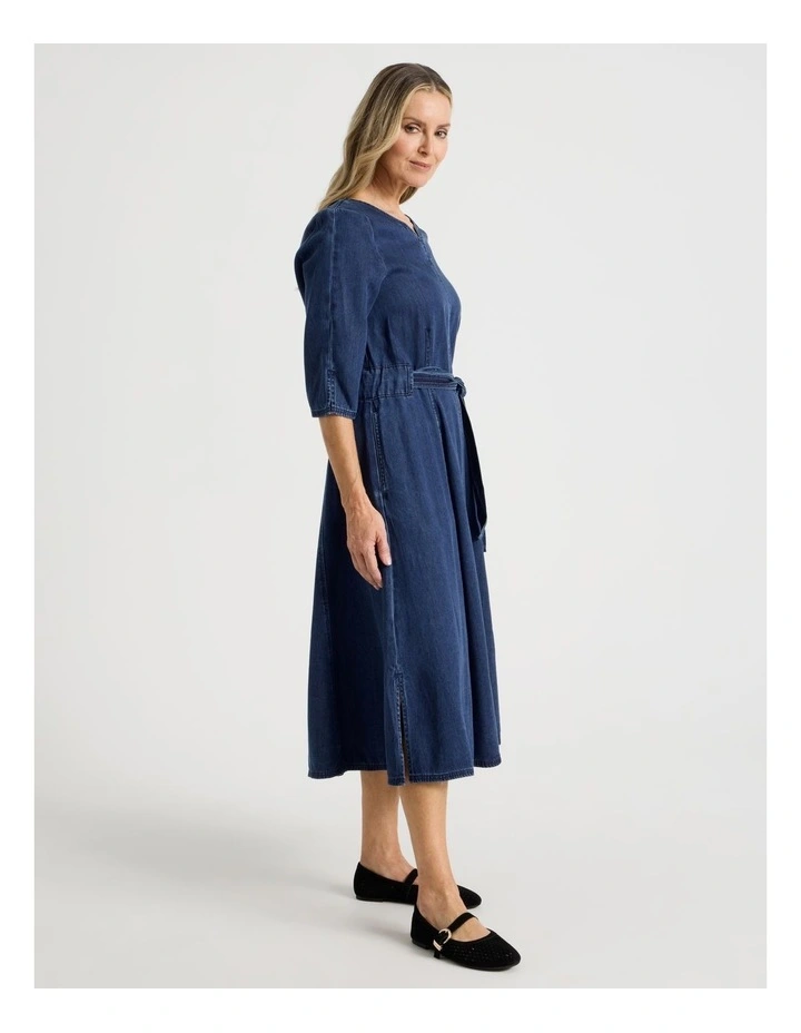 Elbow Length Sleeve Denim Dress With Tie Waist in Dark Wash image 6