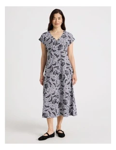 Extended Short Sleeve Knit Dress With Flared Skirt in Black/White Floral