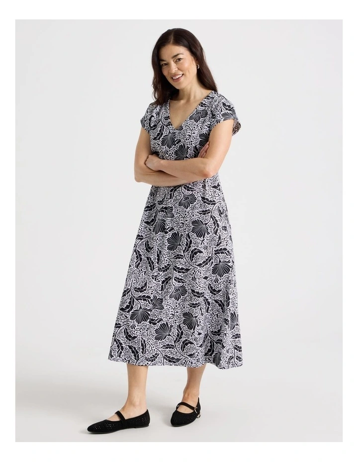 Extended Short Sleeve Knit Dress With Flared Skirt in Black/White Floral image 3