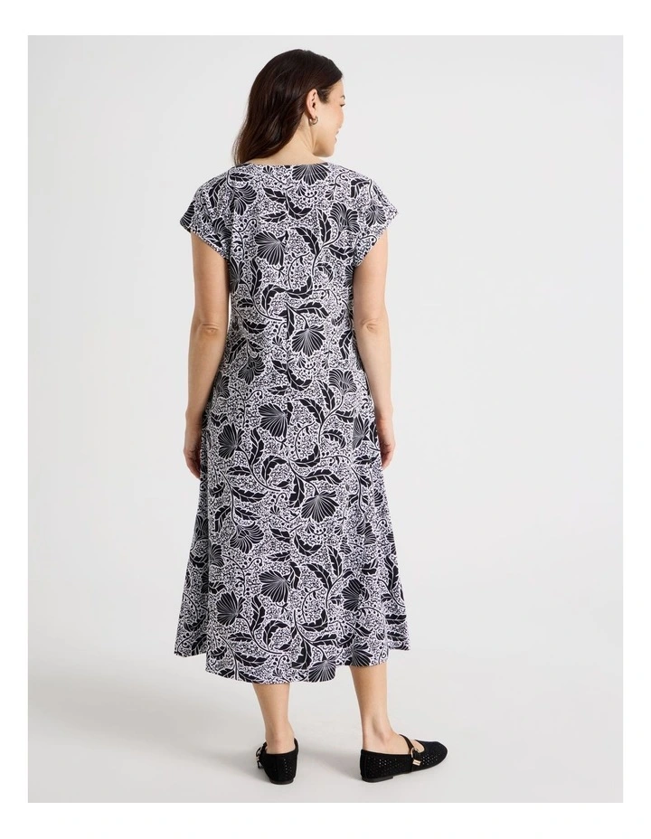 Extended Short Sleeve Knit Dress With Flared Skirt in Black/White Floral image 5