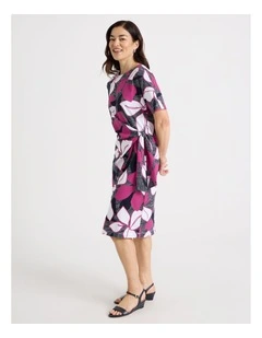 Tie Side Short Sleeve Knit Dress in Navy/Hot Pink/White Large Floral