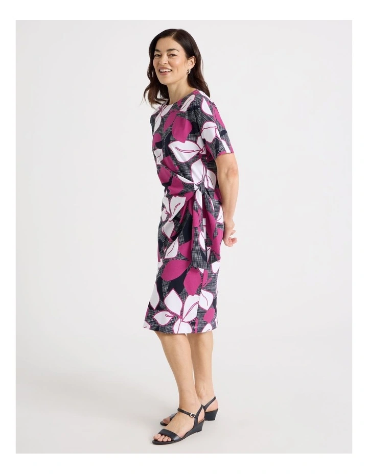 Tie Side Short Sleeve Knit Dress in Navy/Hot Pink/White Large Floral image 1