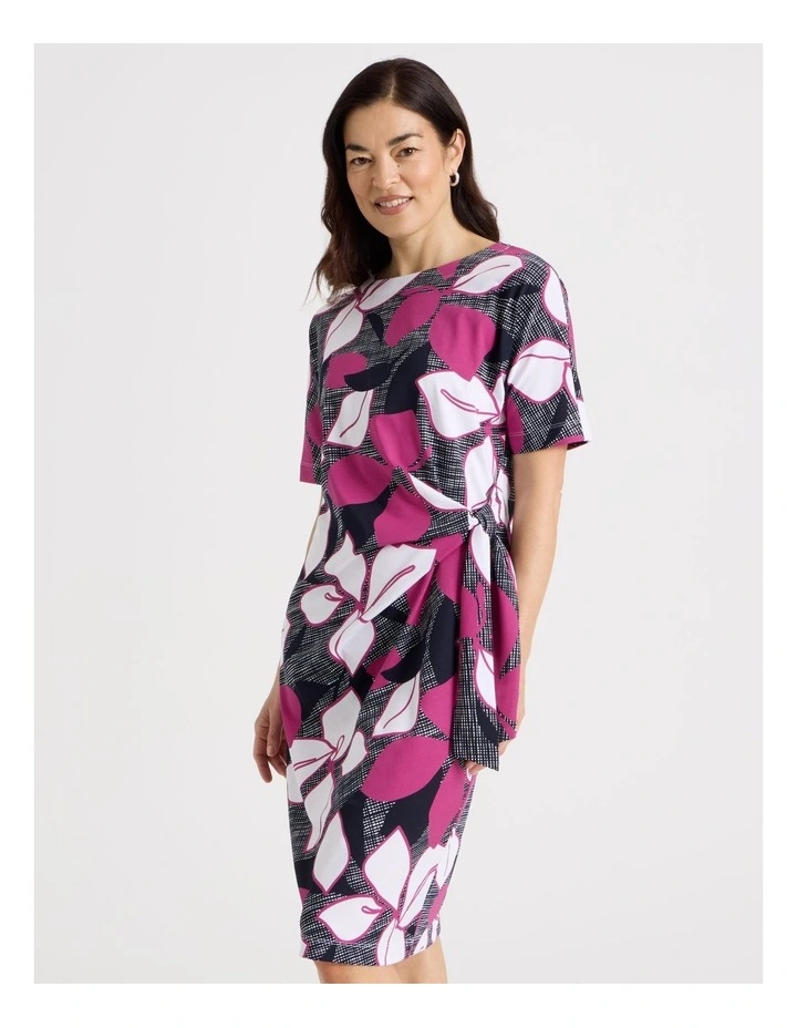 Tie Side Short Sleeve Knit Dress in Navy/Hot Pink/White Large Floral image 2