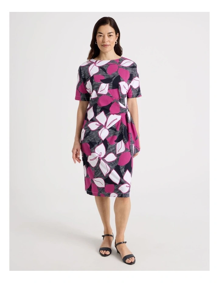 Tie Side Short Sleeve Knit Dress in Navy/Hot Pink/White Large Floral image 3
