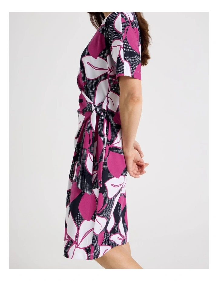 Tie Side Short Sleeve Knit Dress in Navy/Hot Pink/White Large Floral image 4