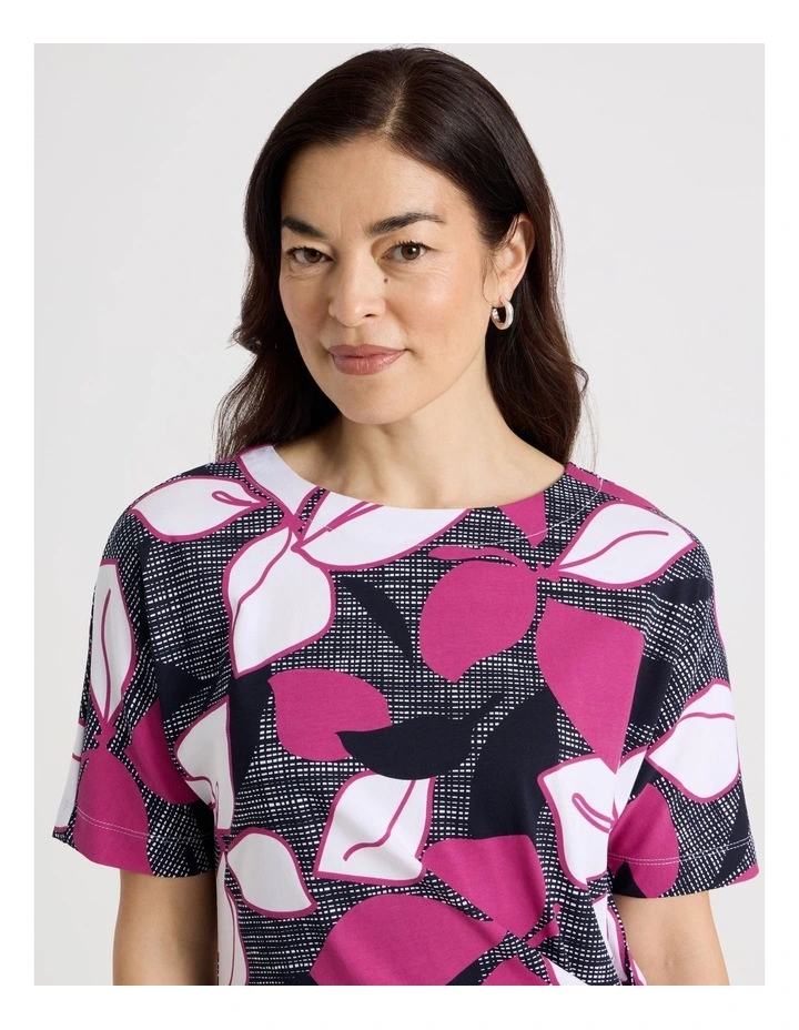 Tie Side Short Sleeve Knit Dress in Navy/Hot Pink/White Large Floral image 5