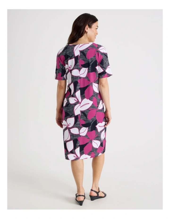 Tie Side Short Sleeve Knit Dress in Navy/Hot Pink/White Large Floral image 6
