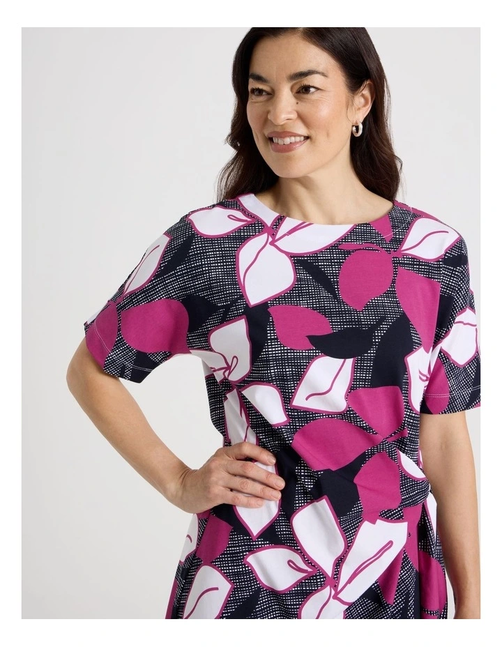 Tie Side Short Sleeve Knit Dress in Navy/Hot Pink/White Large Floral image 7