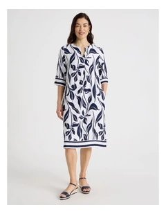 Notch Neck Short Sleeve Dress With Stripe Trim in White/Navy Floral