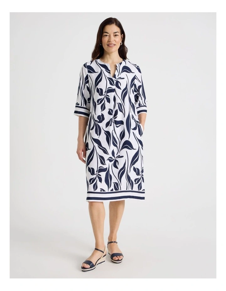 Notch Neck Short Sleeve Dress With Stripe Trim in White/Navy Floral image 1