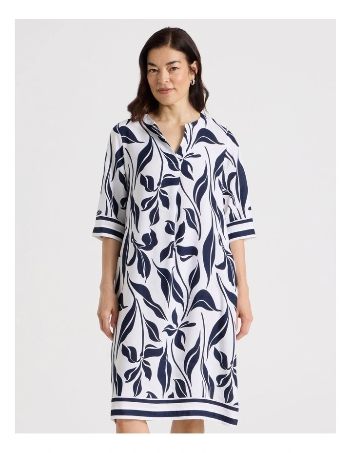 Notch Neck Short Sleeve Dress With Stripe Trim in White/Navy Floral image 2