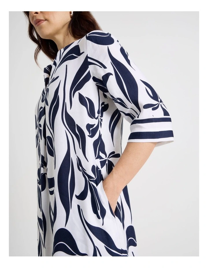 Notch Neck Short Sleeve Dress With Stripe Trim in White/Navy Floral image 5