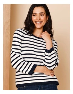 Organic Cotton Boat Neck Button Shoulder Jumper With Curved Hem In Navy/Ivory Stripe