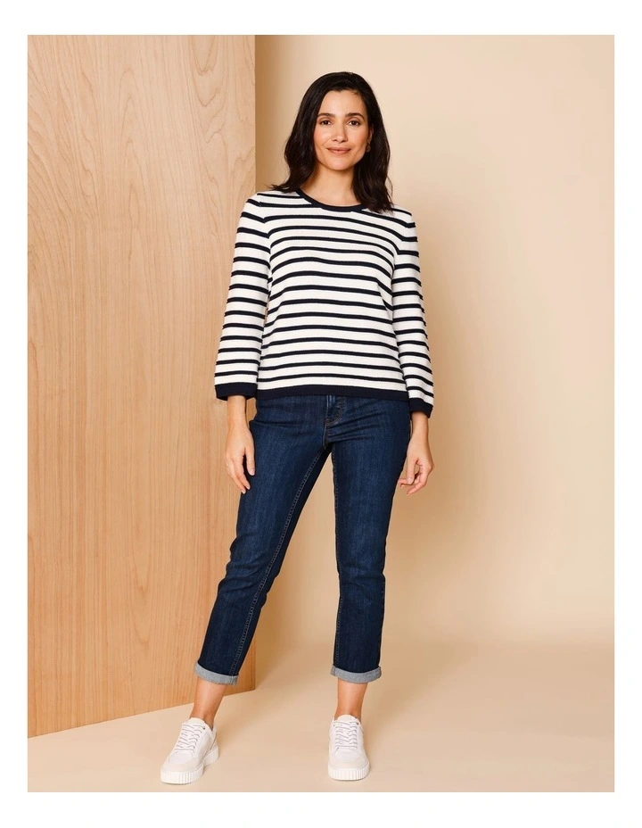 Organic Cotton Boat Neck Button Shoulder Jumper With Curved Hem In Navy/Ivory Stripe image 2