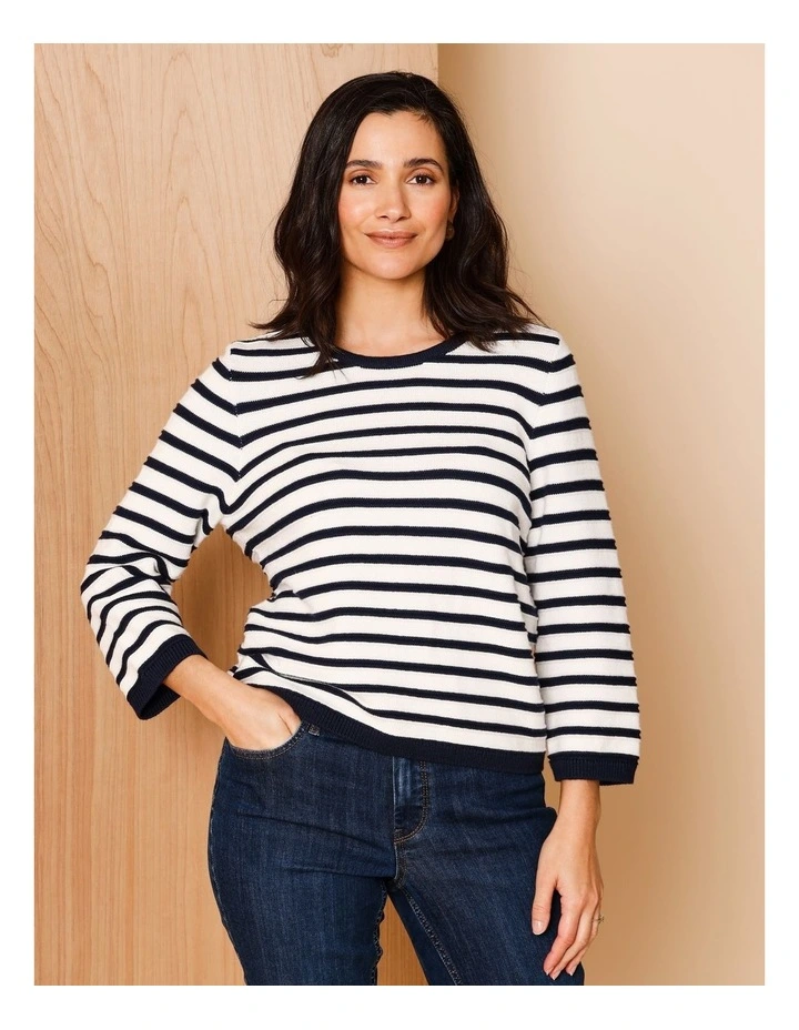 Organic Cotton Boat Neck Button Shoulder Jumper With Curved Hem In Navy/Ivory Stripe image 3